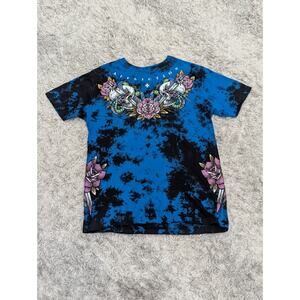 Affliction Shirt Womens Medium Short Sleeve Rhinestone Skull Flower Blue Top